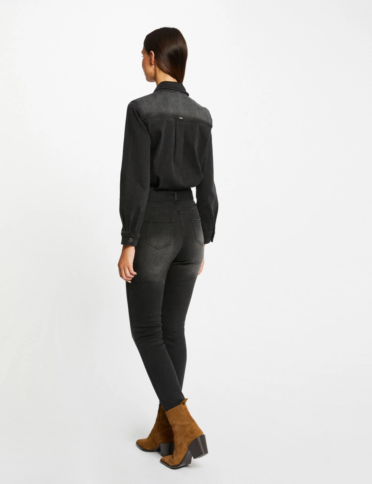 Combinaison Ajustée Ceinturée En Jean Gris Anthracite Femme – Image 2