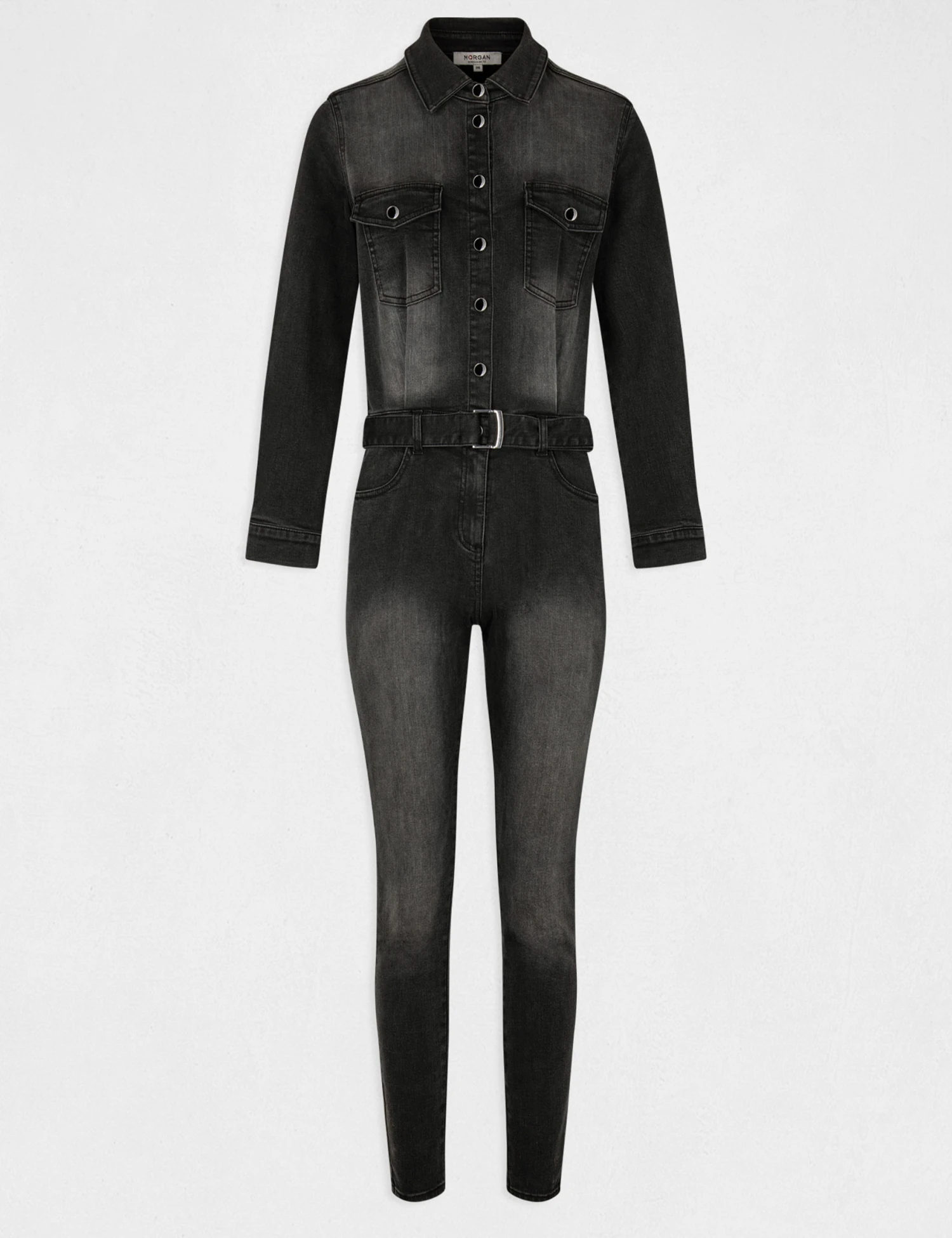 Combinaison Ajustée Ceinturée En Jean Gris Anthracite Femme – Image 4