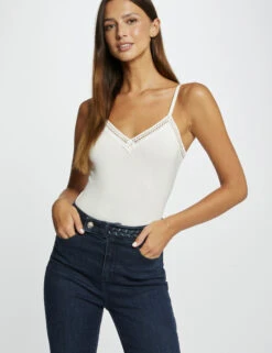 Débardeur Bretelles Fines Bande Dentelle Ecru Femme