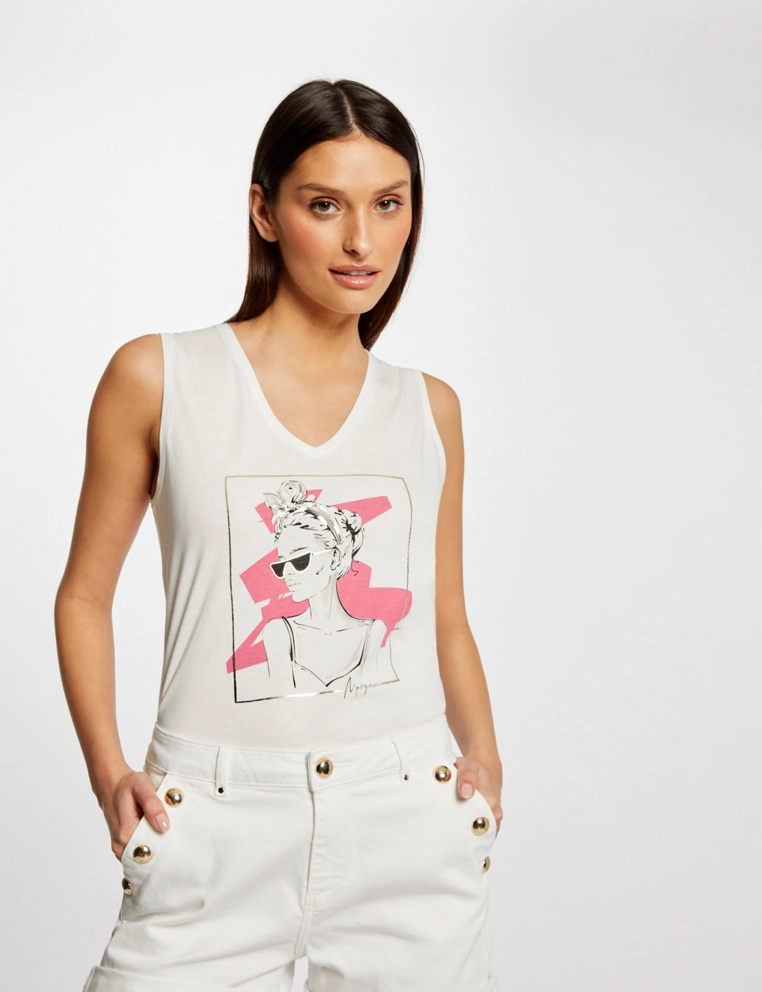 Débardeur Bretelles Larges à Inscription Ecru Femme