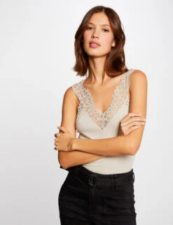 Débardeur Bretelles Larges Avec Dentelle Mastic Femme