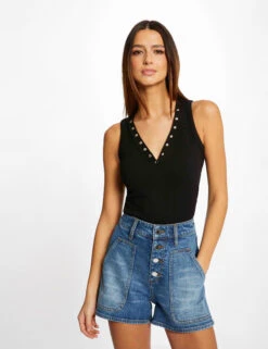 Débardeur Bretelles Larges Effet Côtelé Noir Femme