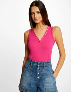 Débardeur Bretelles Larges Effet Côtelé Rose Fonce Femme