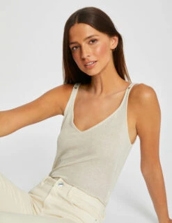 Débardeur Col En V Fils Métallisés Ivoire Femme