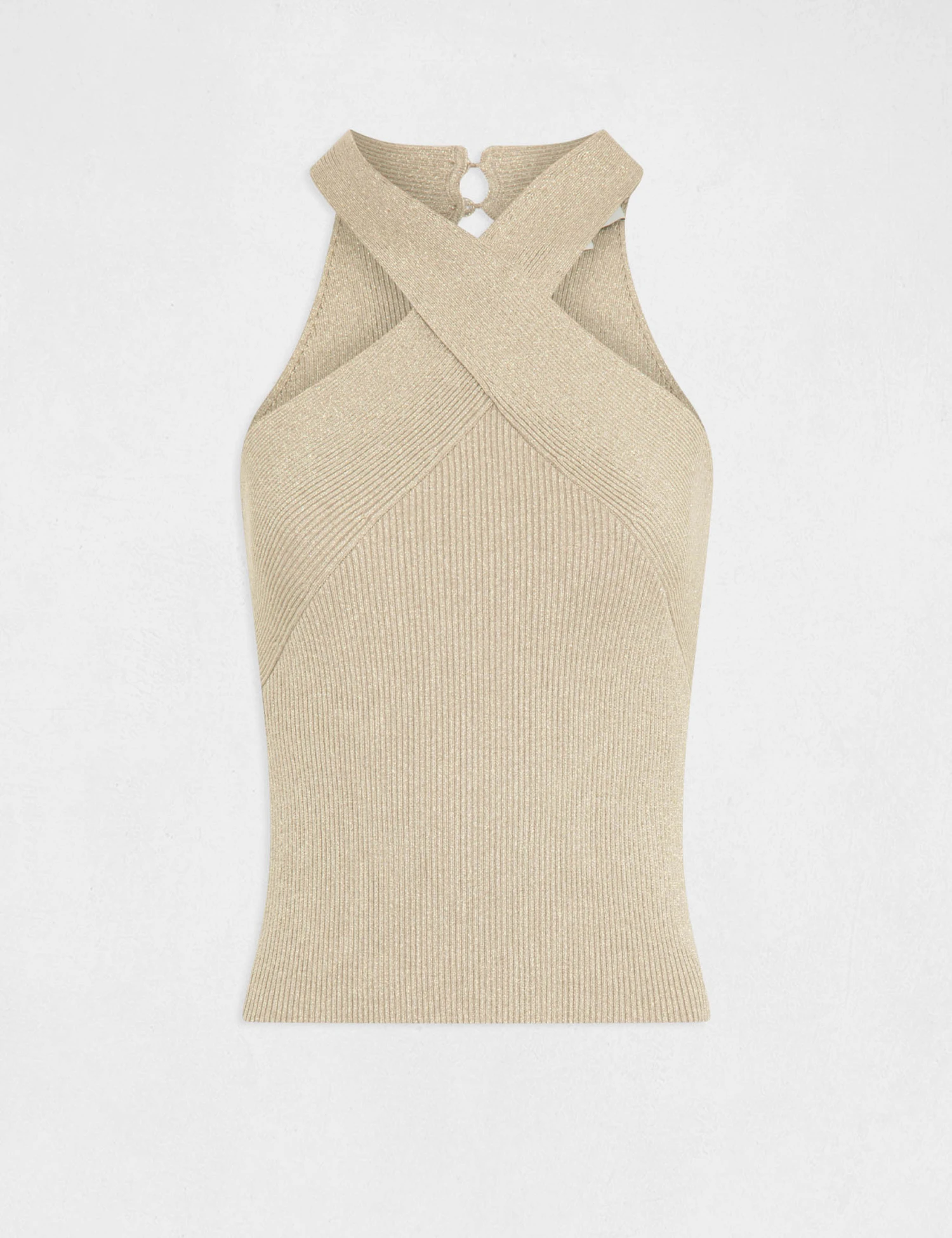 Débardeur Pull Bretelles Croisées Au Col Beige Clair Femme – Image 4