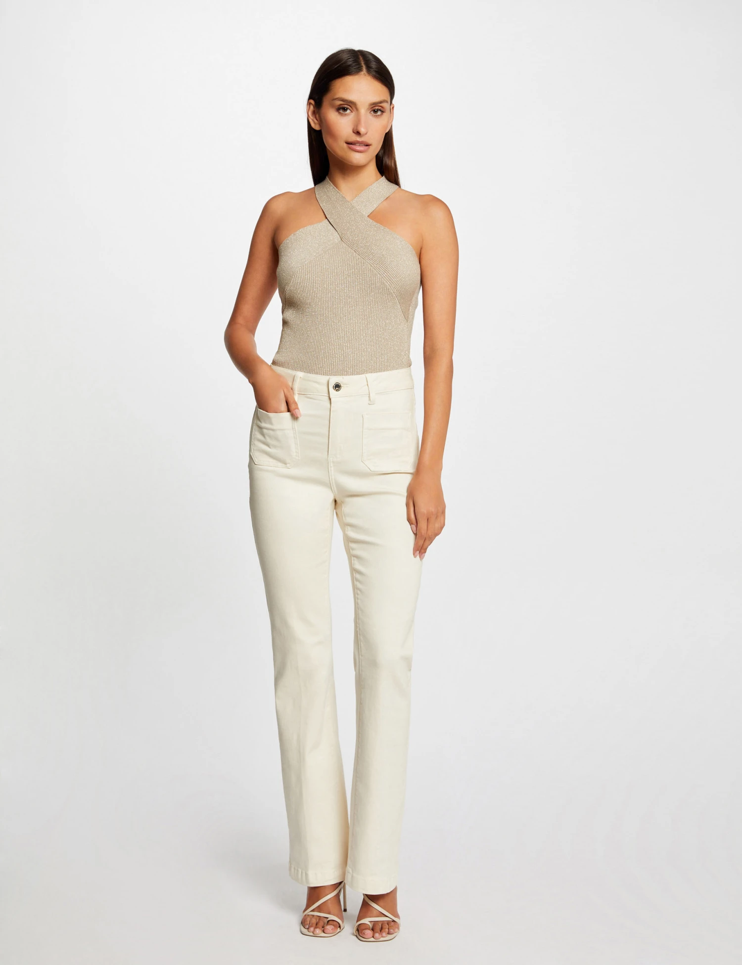 Débardeur Pull Bretelles Croisées Au Col Beige Clair Femme – Image 3