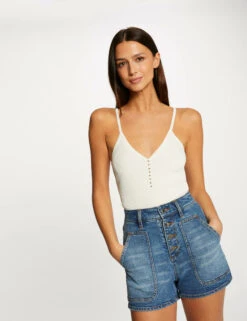 Débardeur Pull Col En V Avec Perles Ecru Moyen Femme