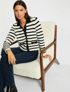 Gilet Droit Boutonné à Rayures Ecru Femme