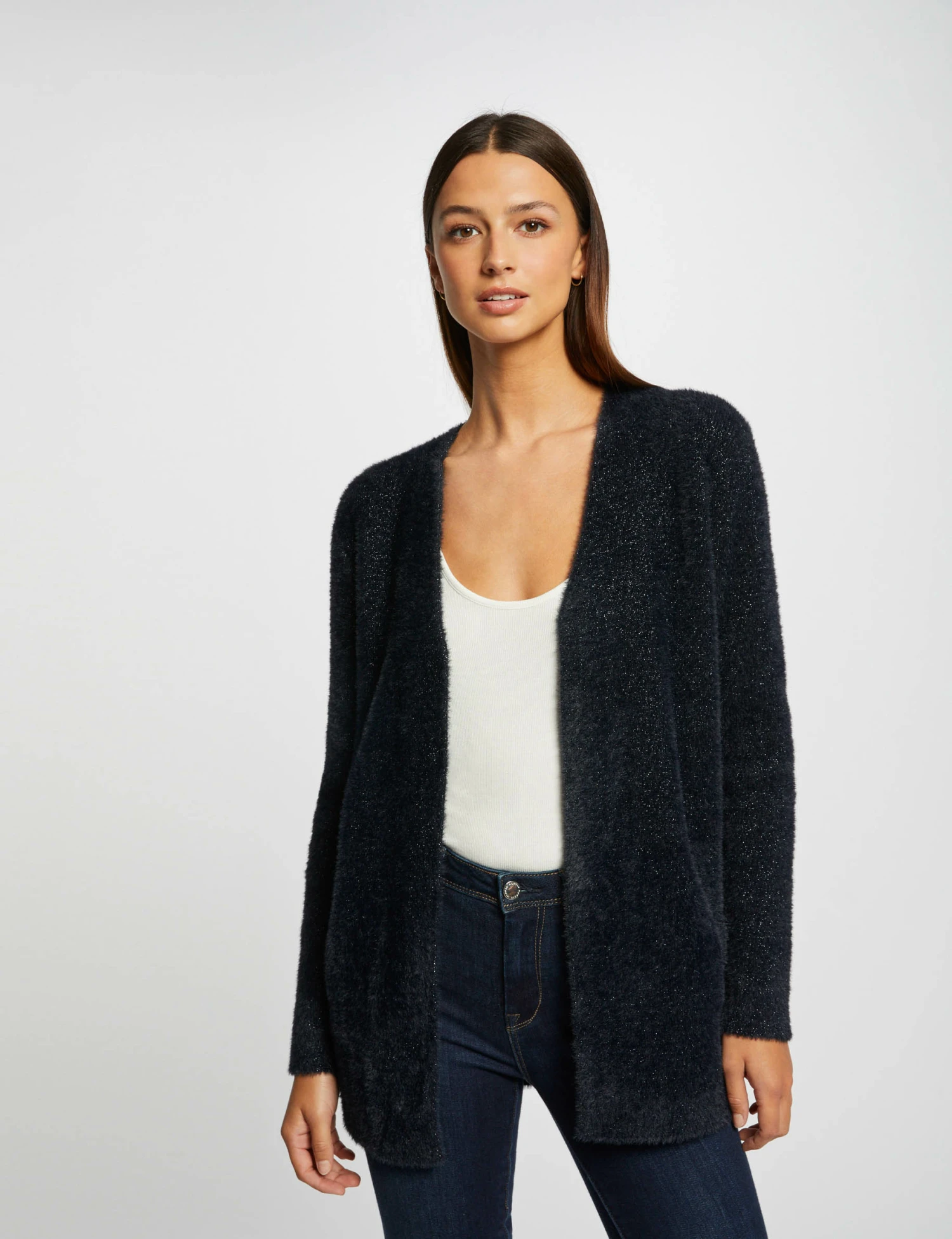 Gilet Droit Détails Fils Métallisés Marine Femme