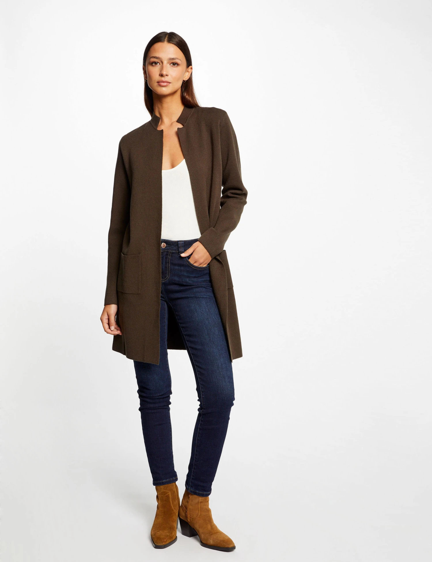 Gilet Long Droit Col Ouvert Vert Fonce Femme