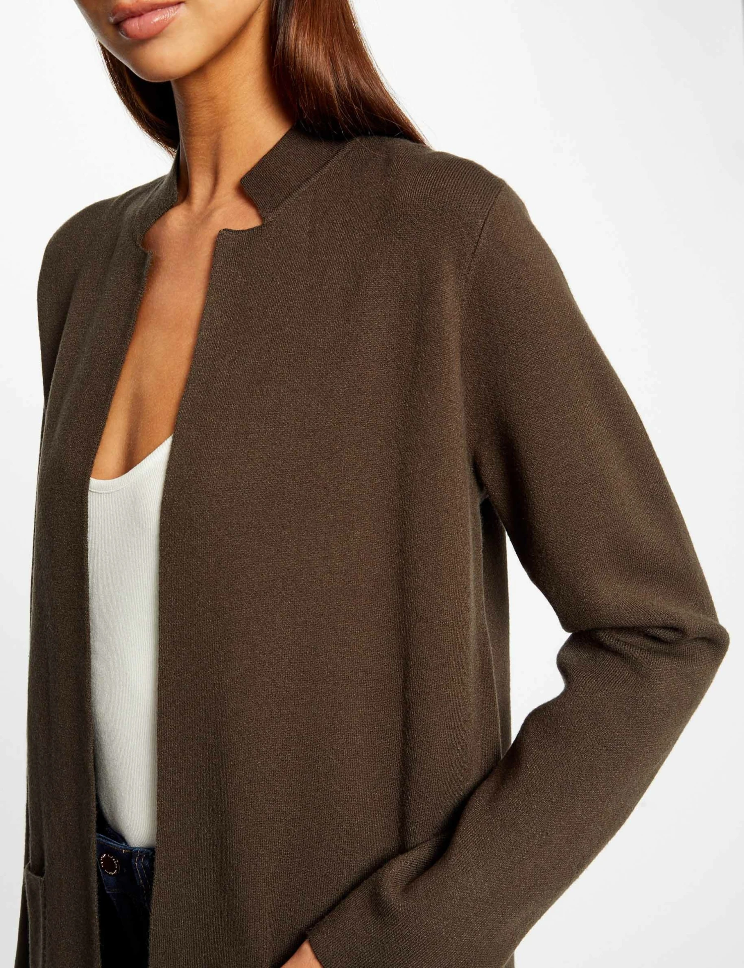 Gilet Long Droit Col Ouvert Vert Fonce Femme – Image 5