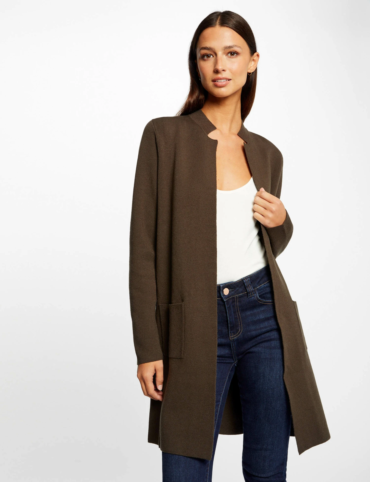 Gilet Long Droit Col Ouvert Vert Fonce Femme – Image 3