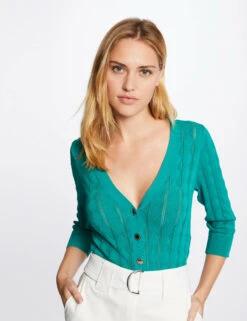 Gilet Manches 3/4 Boutonné Vert Moyen Femme