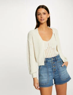 Gilet Manches Longues à Détails Ajourés Beige Femme