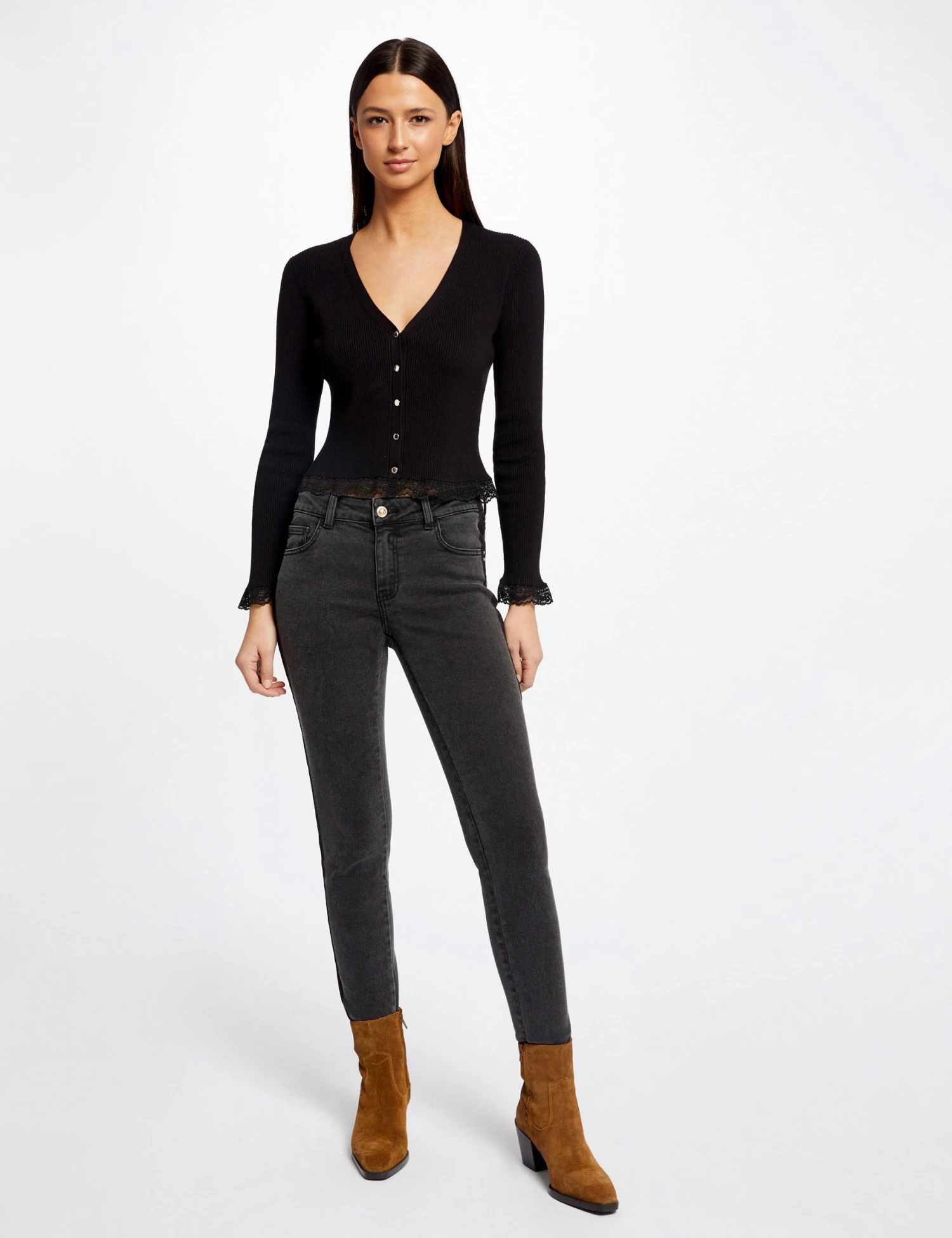 Gilet Manches Longues Avec Dentelle Noir Femme – Image 3