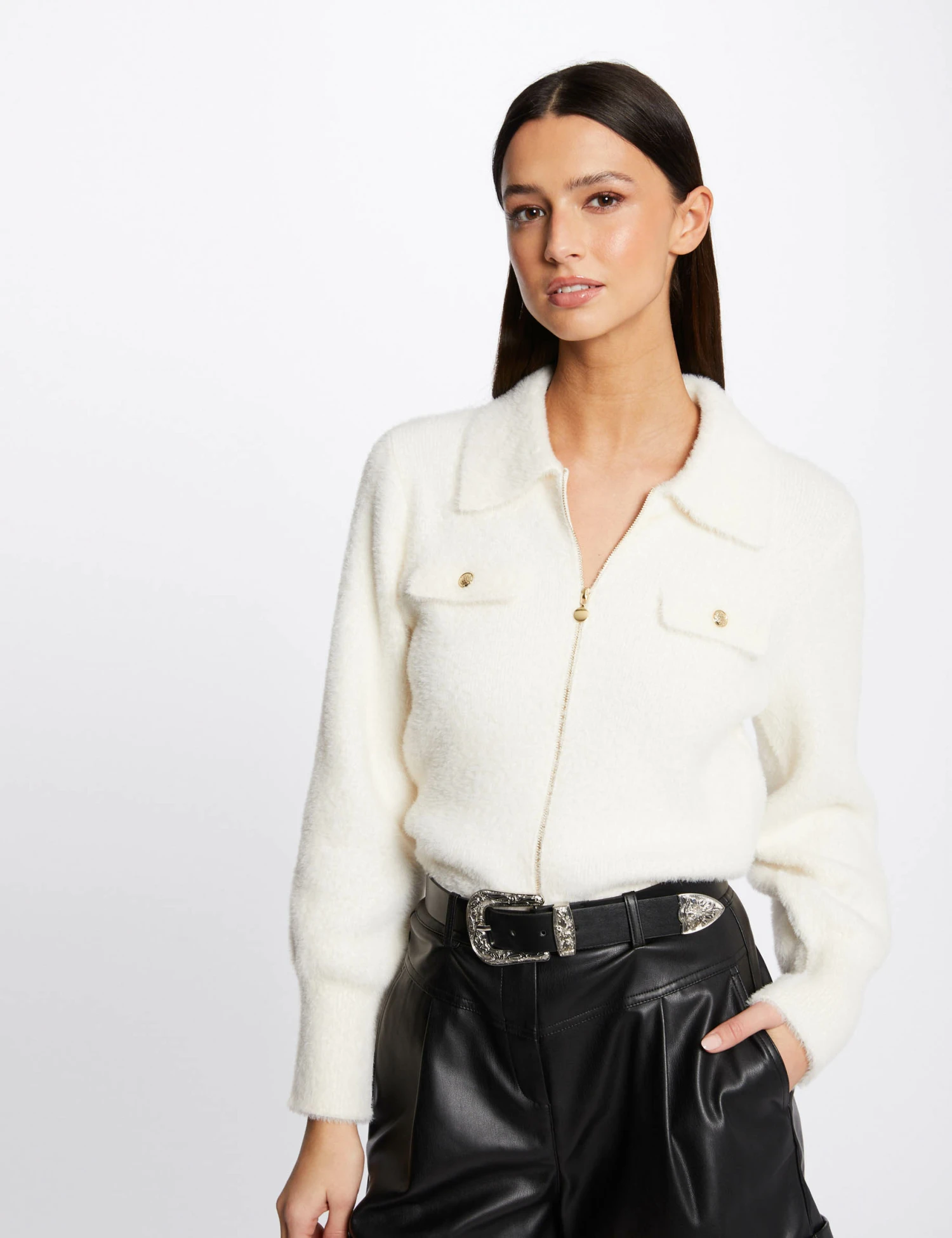 Gilet Manches Longues Col Ă Revers Ivoire Femme