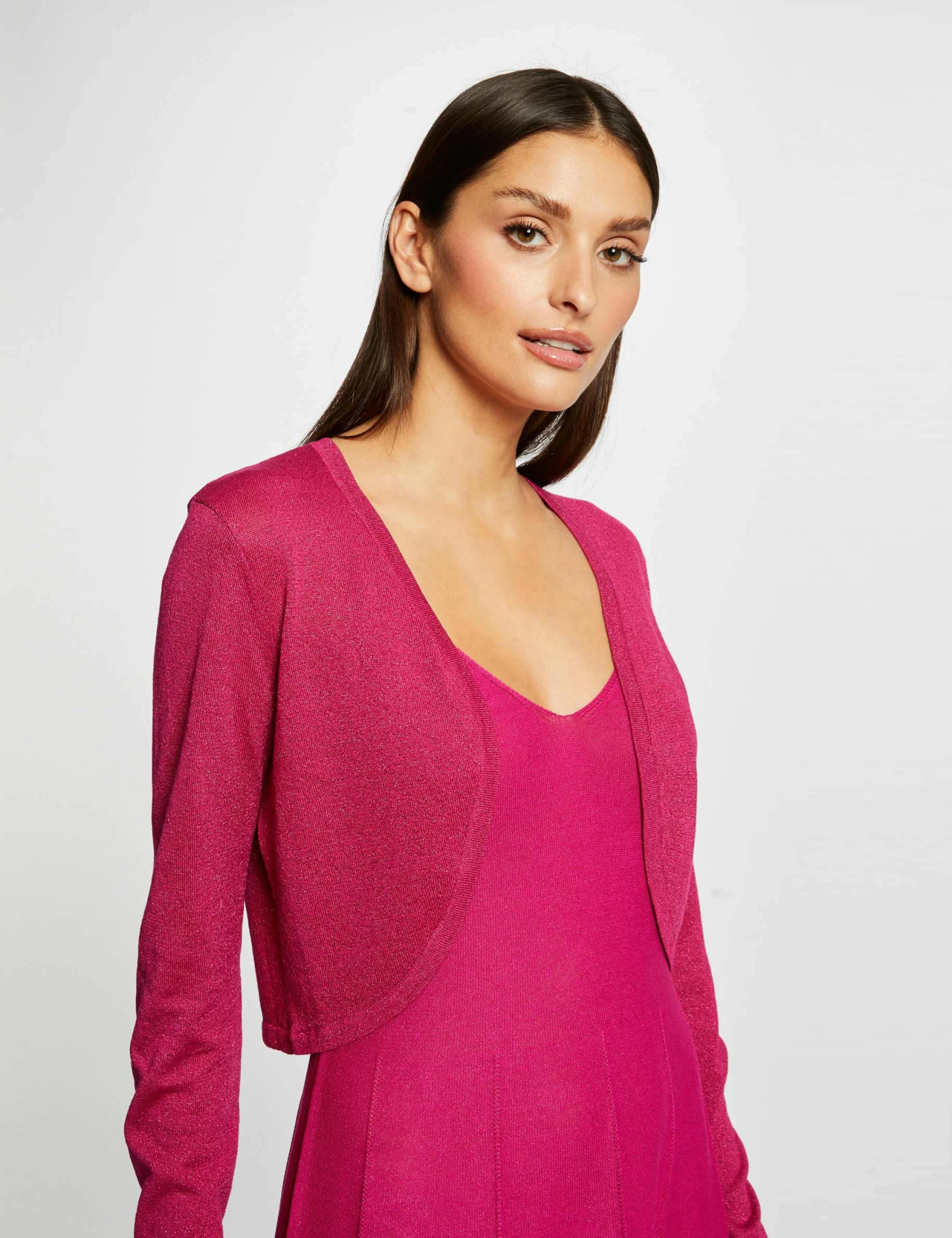 Gilet Manches Longues Col Ouvert Rose Fonce Femme