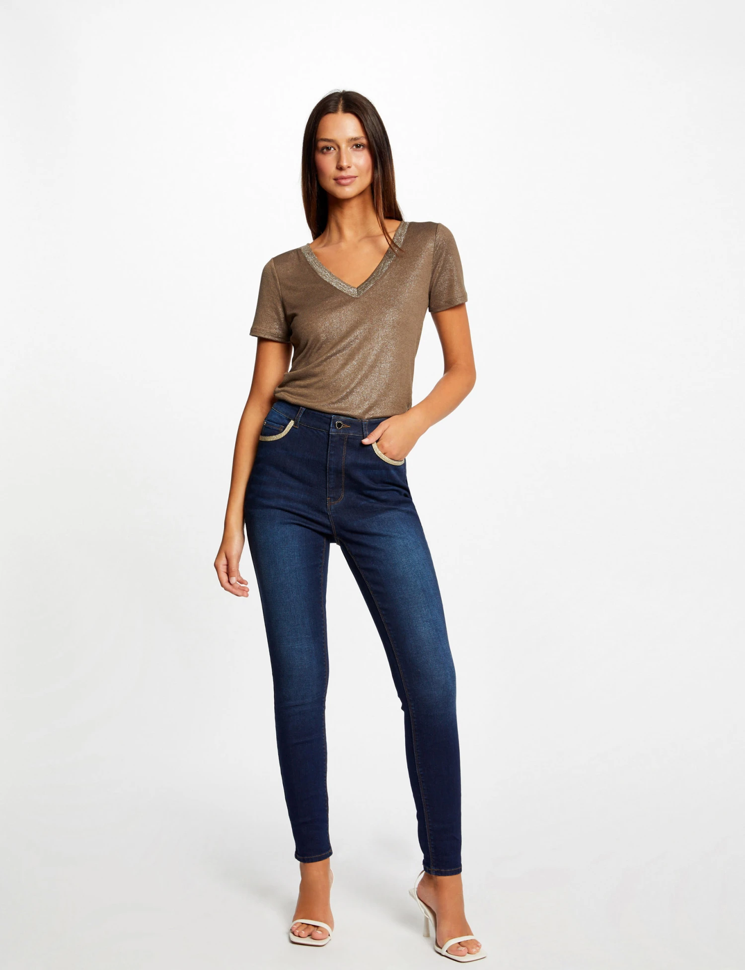 Jeans Skinny à Bandes Métallisées Jean Brut Femme