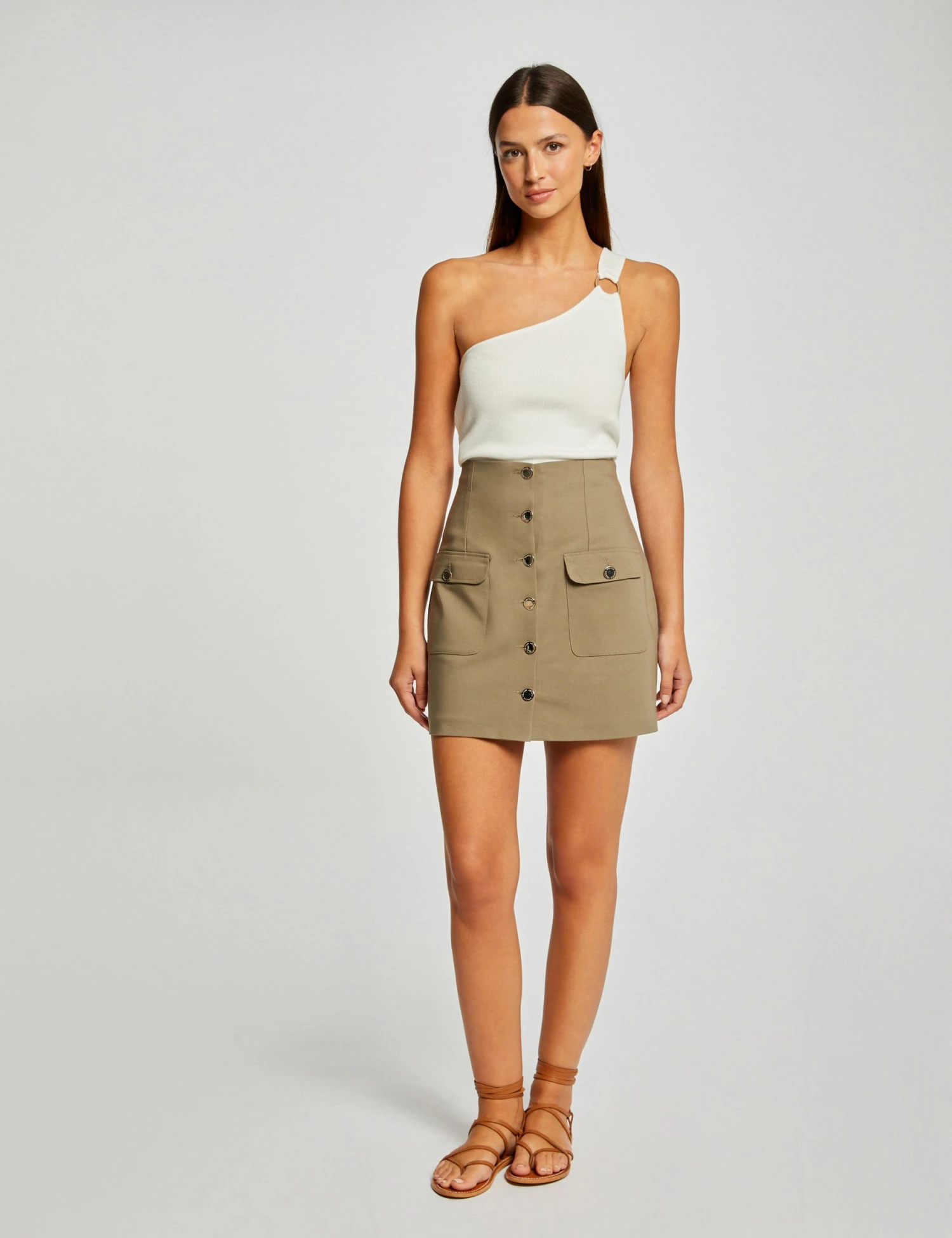 Jupe Droite Boutonnée Avec Poches Vert Moyen Femme