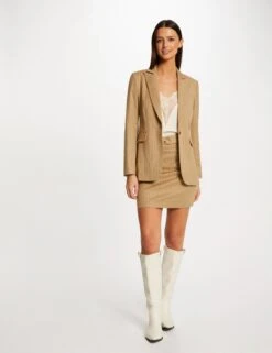 Jupe Droite Ceinturée à Rayures Beige Femme