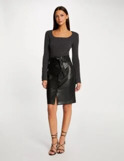 Jupe Droite Ceinturée Simili Cuir Noir Femme