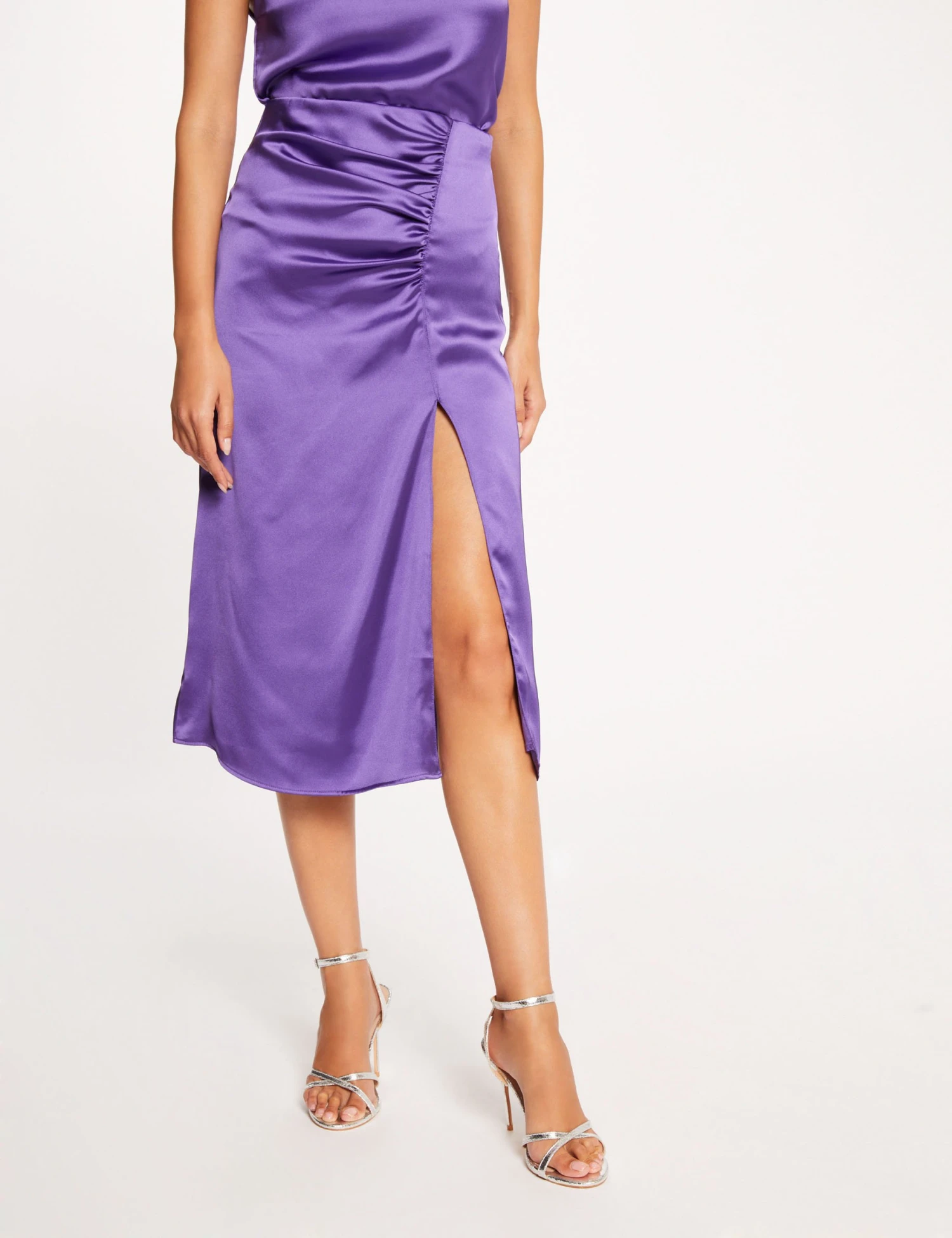 Jupe Droite Satin Fendue Violet Femme – Image 3