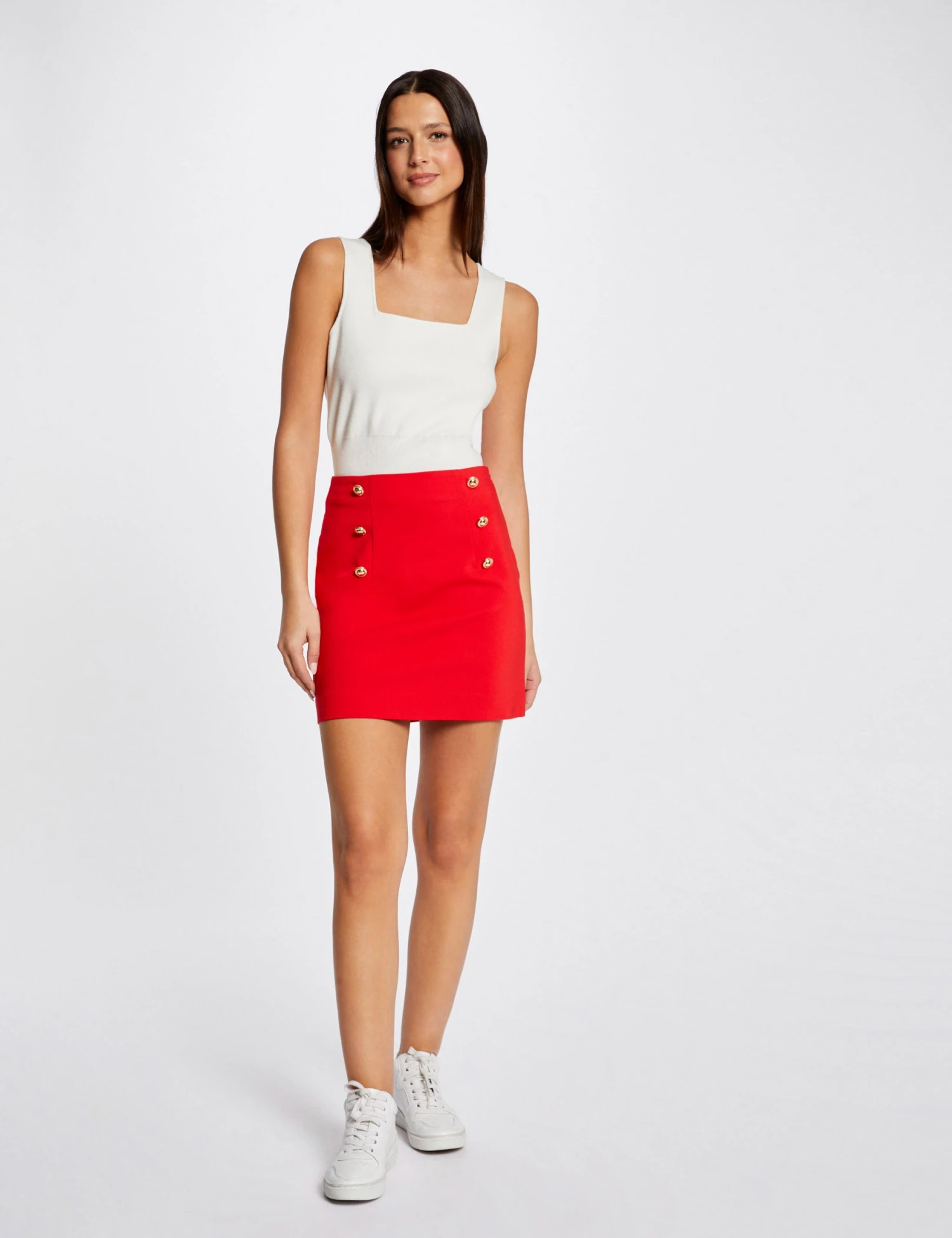 Jupe Droite Taille Haute à Ponts Rouge Femme – Image 3