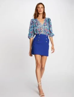 Jupe Droite Taille Haute Avec Boutons Bleu Electrique Femme