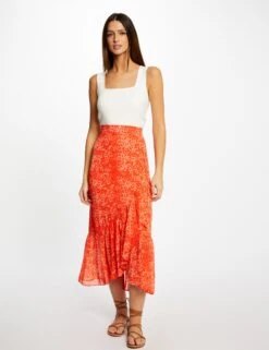 Jupe Longue Portefeuille Imprimé Léopard Orange Femme