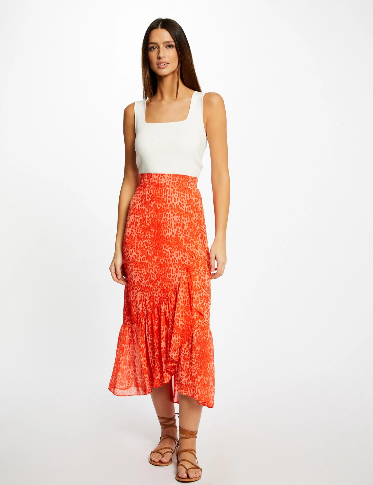 Jupe Longue Portefeuille Imprimé Léopard Orange Femme