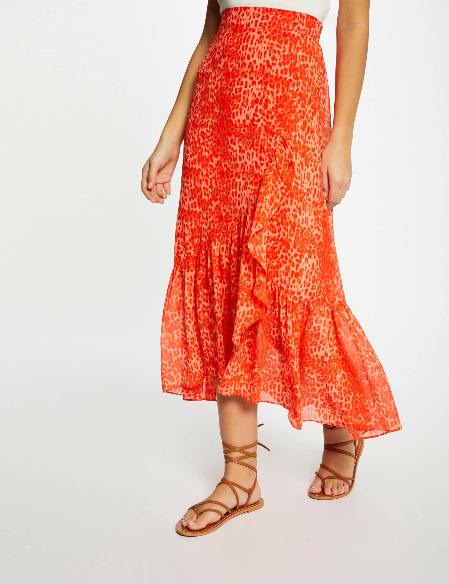 Jupe Longue Portefeuille Imprimé Léopard Orange Femme – Image 3