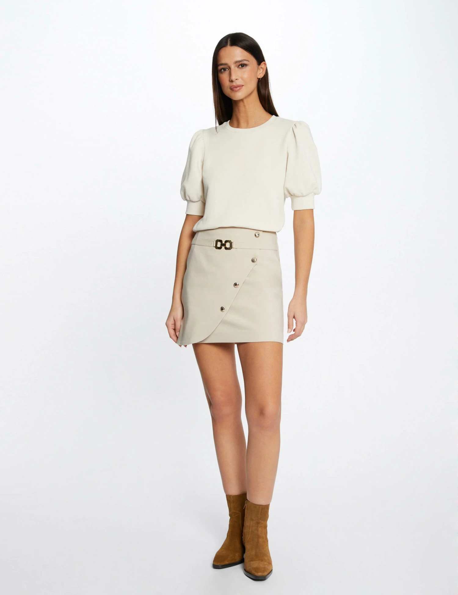 Jupe Portefeuille Avec Boutons Beige Femme