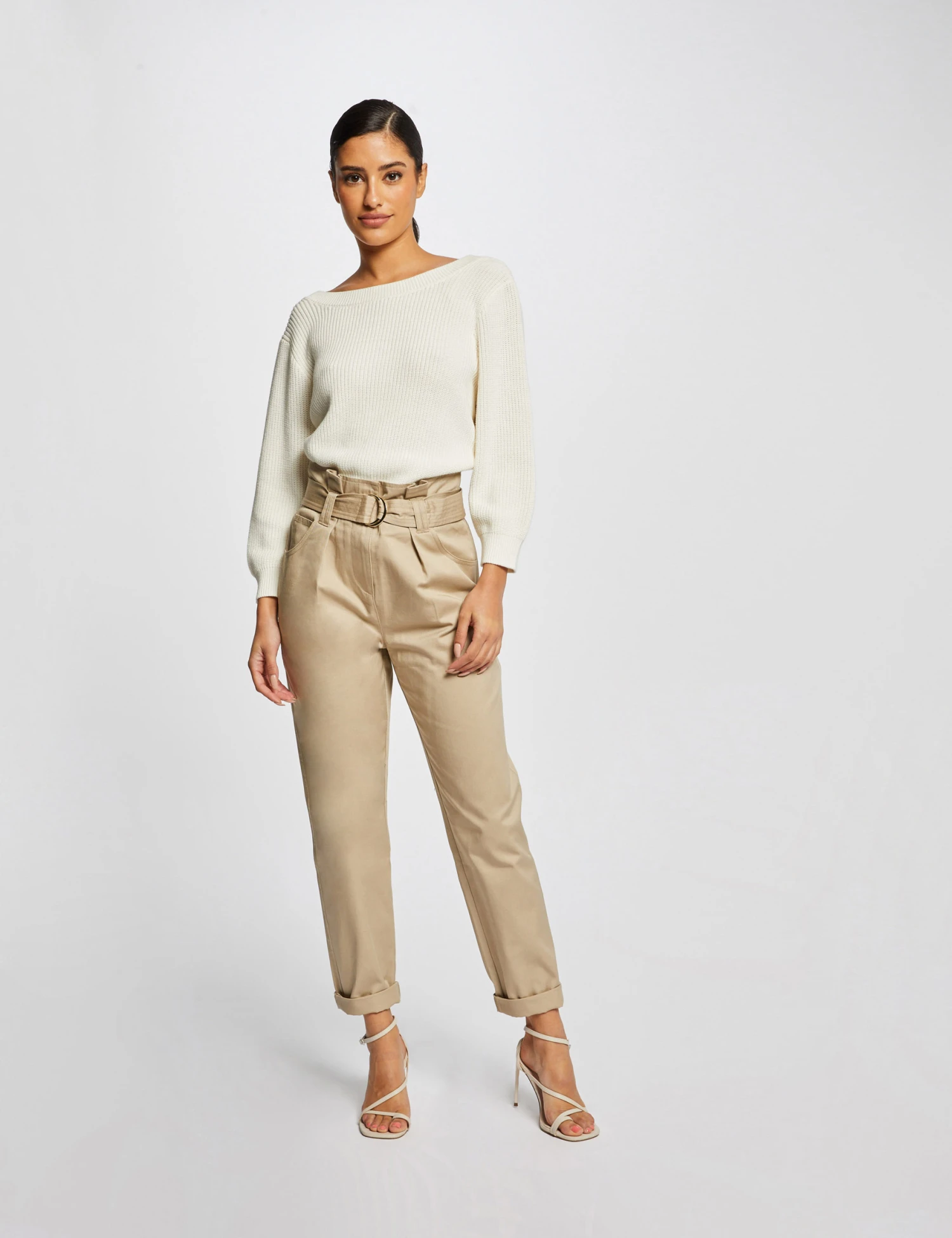 Pantalon Carotte Ceinturée Beige Femme