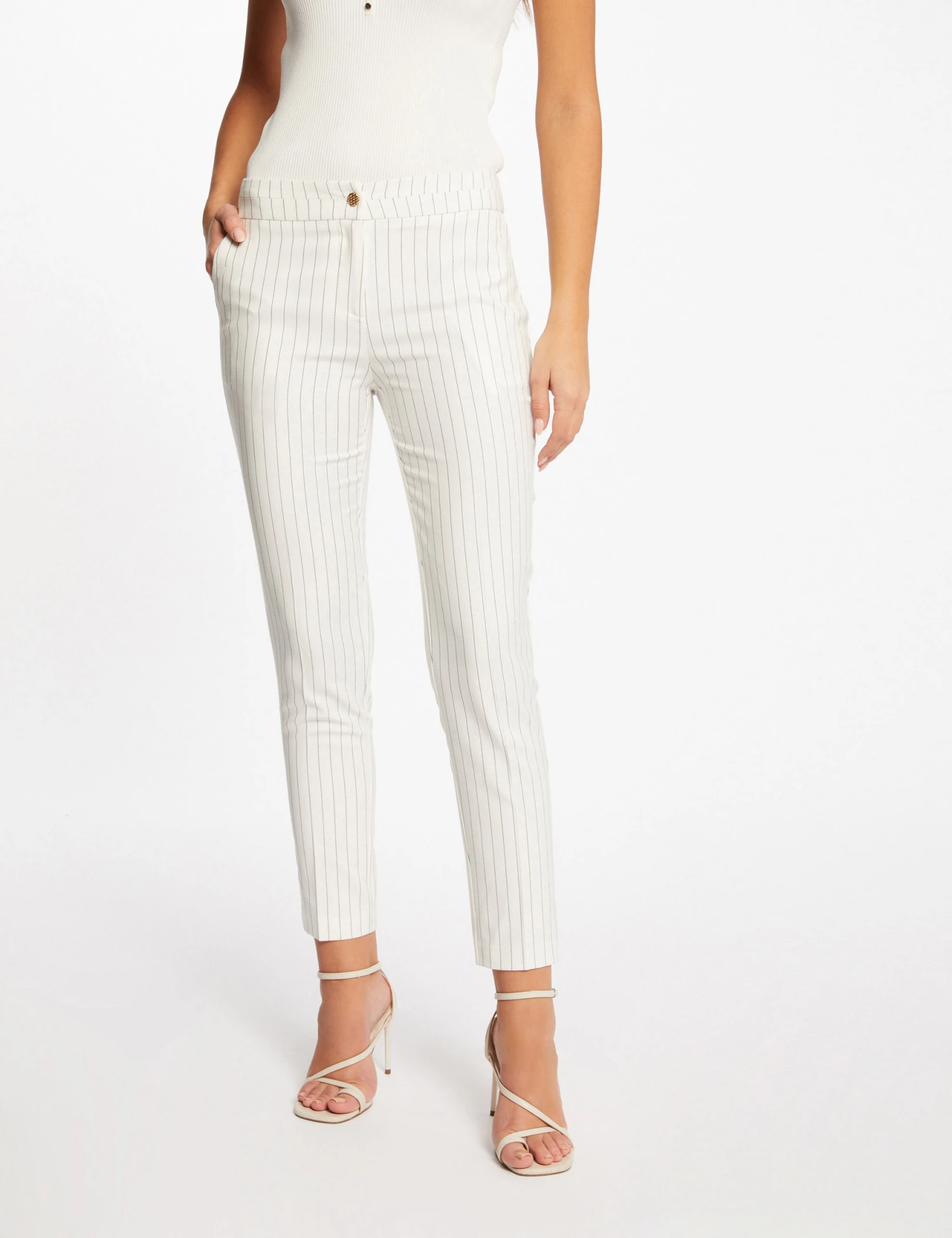Pantalon City Ajusté 7/8ème à Rayures Ecru Femme – Image 3