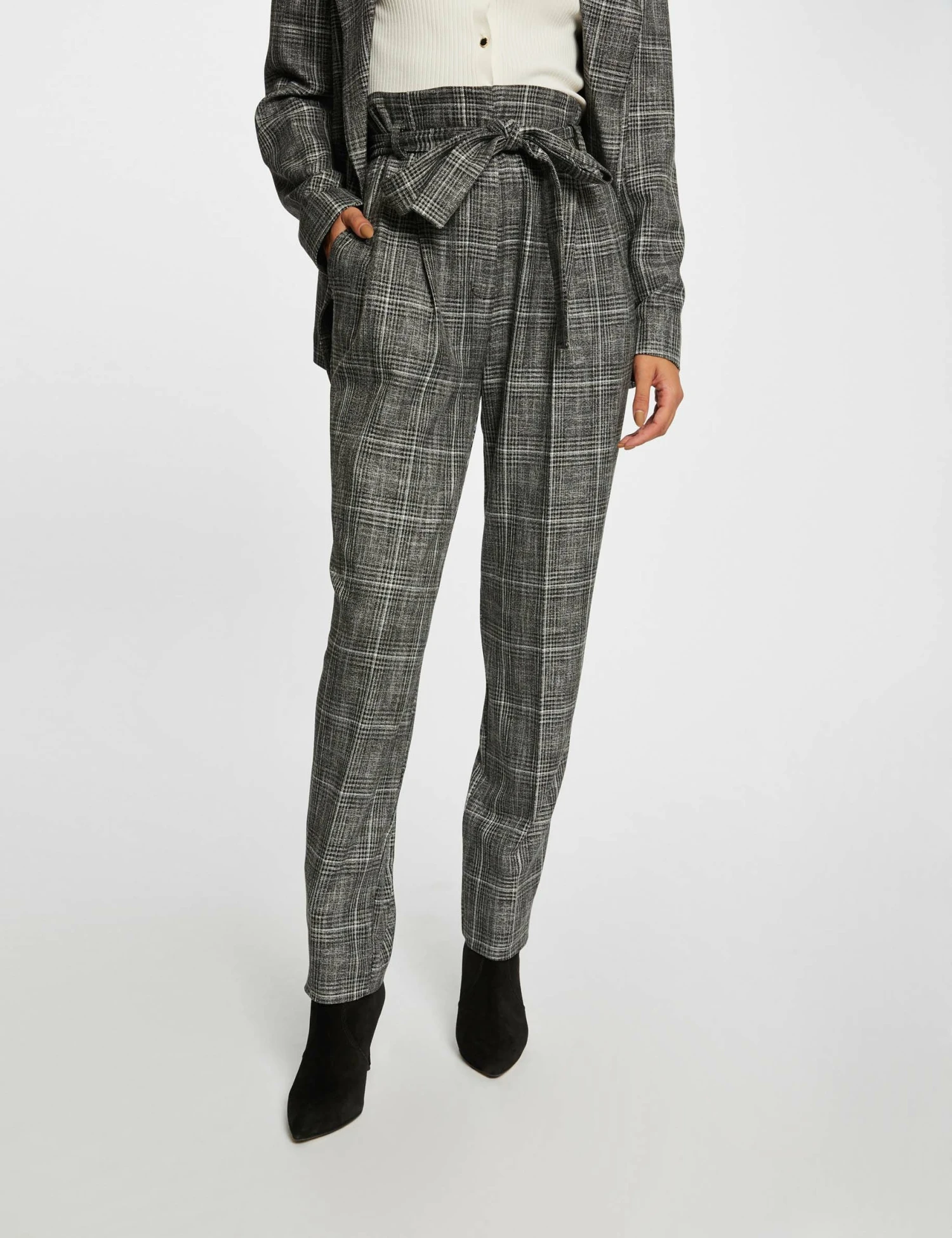 Pantalon City Paperbag à Carreaux Gris Moyen Femme – Image 3