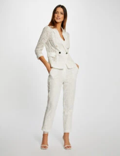 Pantalon Droit En Dentelle Ecru Femme