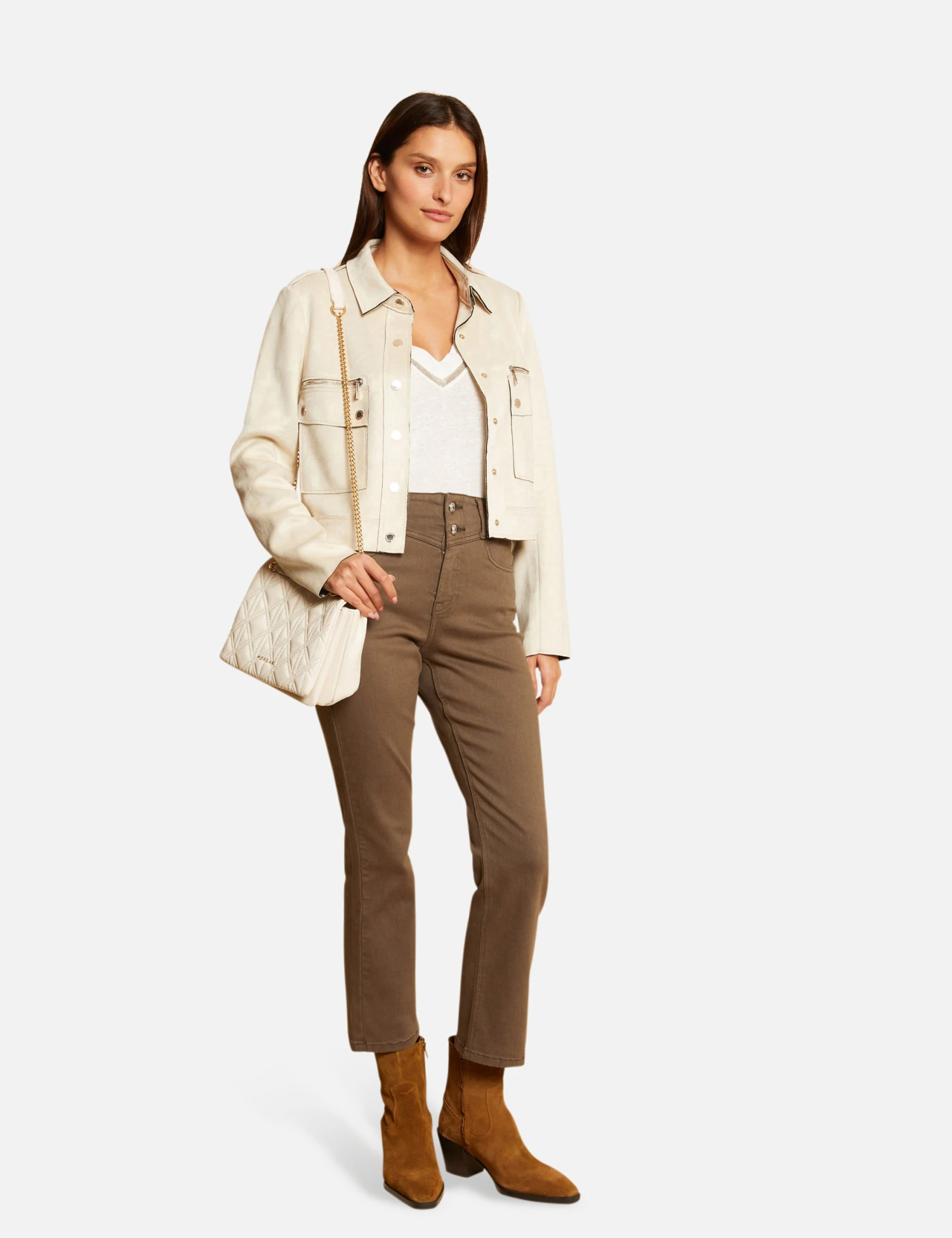 Pantalon Droit Taille Haute 7/8ème Vert Kaki Femme