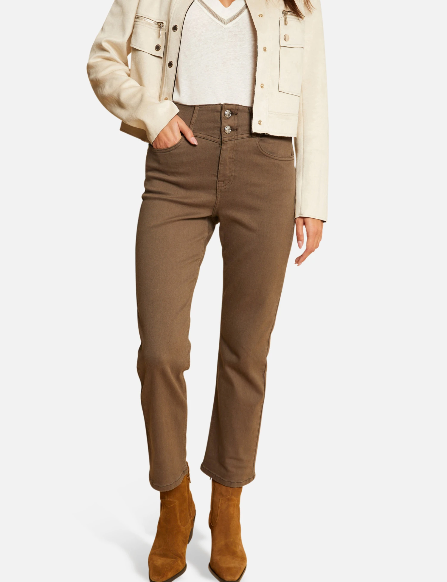 Pantalon Droit Taille Haute 7/8ème Vert Kaki Femme – Image 3