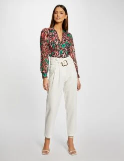 Pantalon Droit Taille Haute Ceinturé Ecru Femme