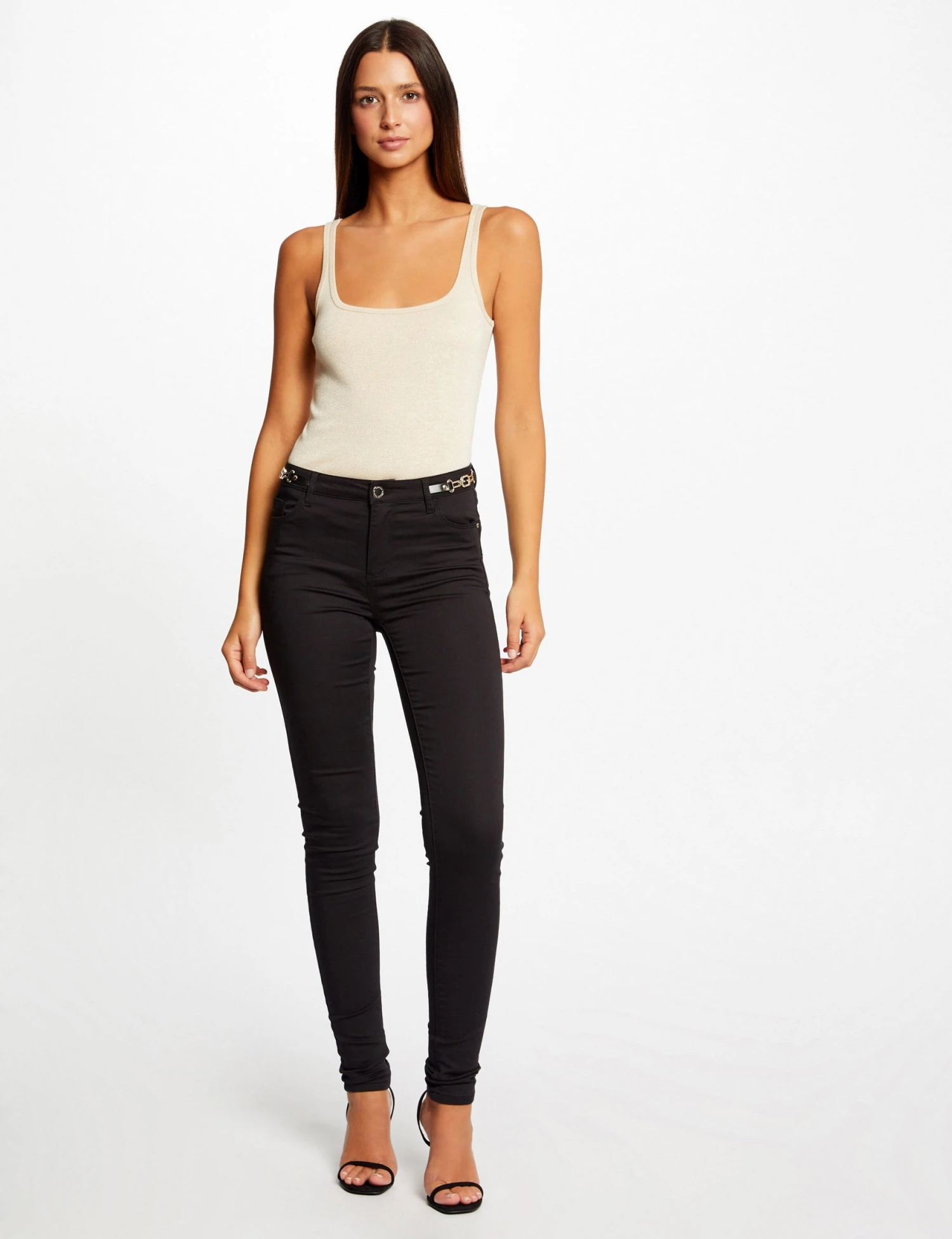 Pantalon Skinny à Détails Chaînes Noir Femme