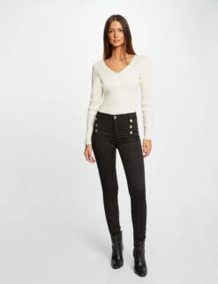 Pantalon Skinny Avec Boutons Décoratifs Noir Femme
