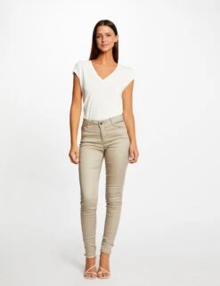 Pantalon Skinny Enduit à Détails Bijoux Beige Clair Femme