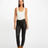 Pantalon Skinny Enduit à Détails Bijoux Noir Femme