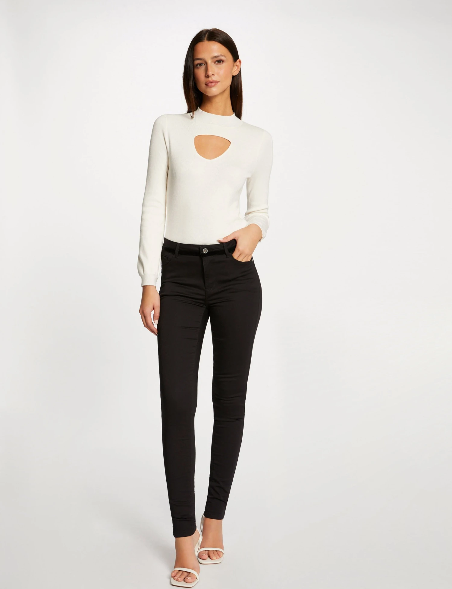 Pantalon Skinny Enduit à Détails Velours Noir Femme
