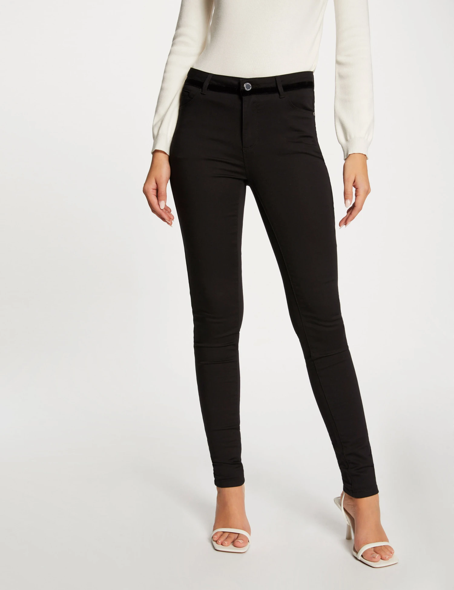 Pantalon Skinny Enduit à Détails Velours Noir Femme – Image 3