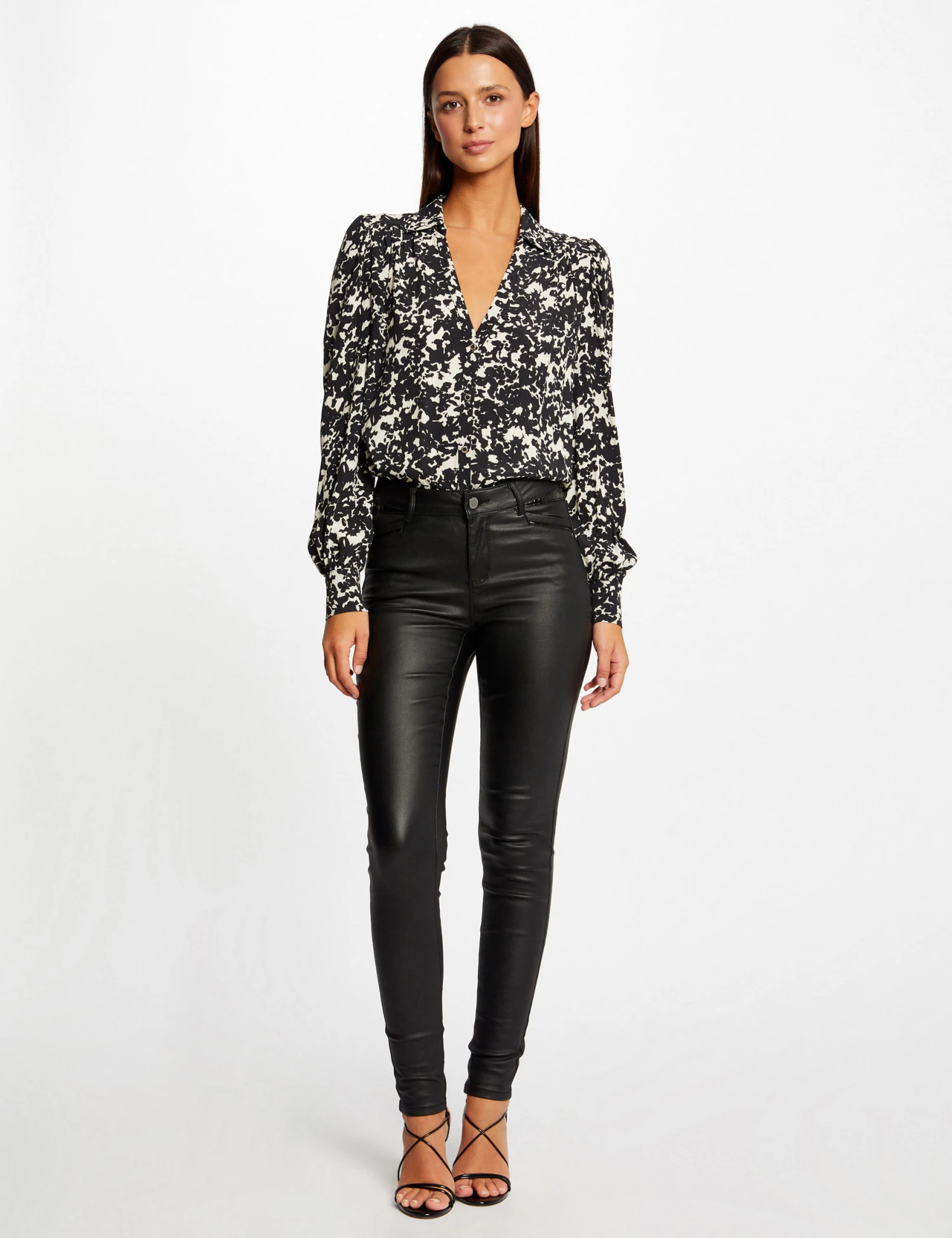 Pantalon Skinny Enduit à Détails Vinyle Noir Femme