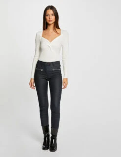 Pantalon Skinny Enduit Détails Zippés Marine Femme