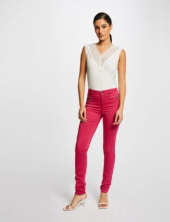 Pantalon Slim Effet Stretch Rose Fonce Femme