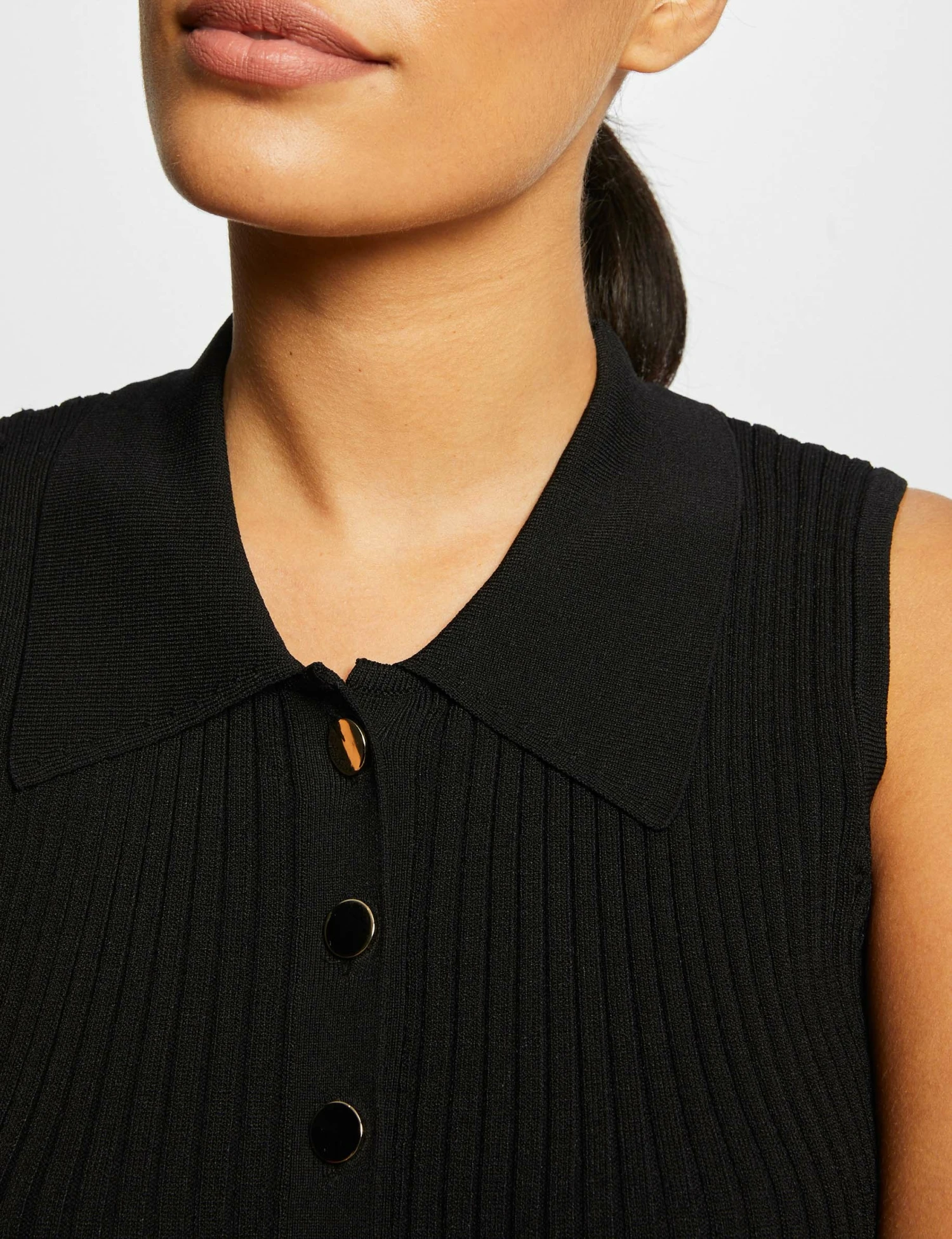 Pull Débardeur Sans Manches Col Polo Noir Femme – Image 5