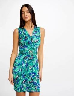 Robe Ajustée à Ornement Imprimé Végétal Vert Femme
